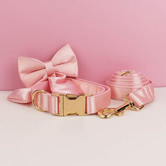 Wedding Pink Dog Harness in Silky Satin, Custom Girl Princess Dog Collar with Name, Sailor Bow, Leash, for Small Large Female Dogs