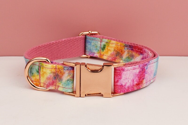 Custom Rainbow Tie Dye Personalised Dog Collar, Matching Dog Bowtie, Dog Leash, H-Style Dog Harness
