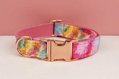 Custom Rainbow Tie Dye Personalised Dog Collar, Matching Dog Bowtie, Dog Leash, H-Style Dog Harness