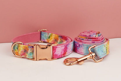 Custom Rainbow Tie Dye Personalised Dog Collar, Matching Dog Bowtie, Dog Leash, H-Style Dog Harness