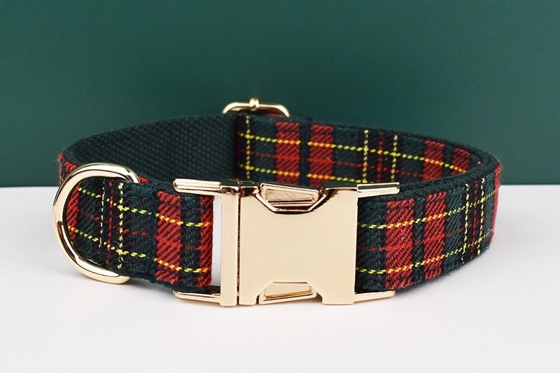 Personalised Tartan Dog Collar, Harness, Bow, Leash for Christmas New Year Green Red Outfit, Custom Laser Engraved with Name