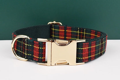 Personalised Tartan Dog Collar, Harness, Bow, Leash for Christmas New Year Green Red Outfit, Custom Laser Engraved with Name