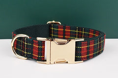 Personalized Tartan Dog Collar, Harness, Bow, Leash for Christmas New Year Green Red Outfit, Custom Laser Engraved with Name,Different Combo