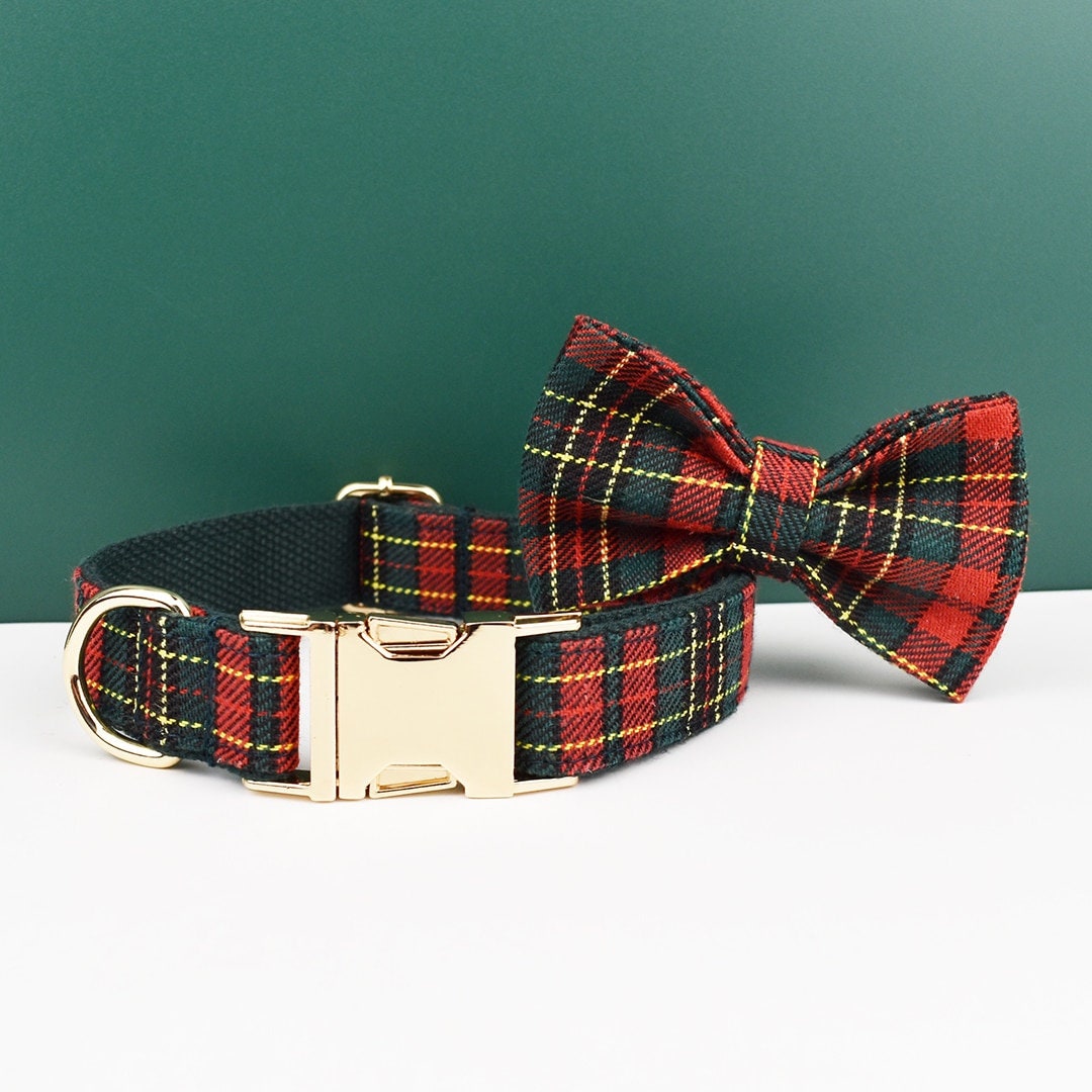 Personalised Tartan Dog Collar, Harness, Bow, Leash for Christmas New Year Green Red Outfit, Custom Laser Engraved with Name