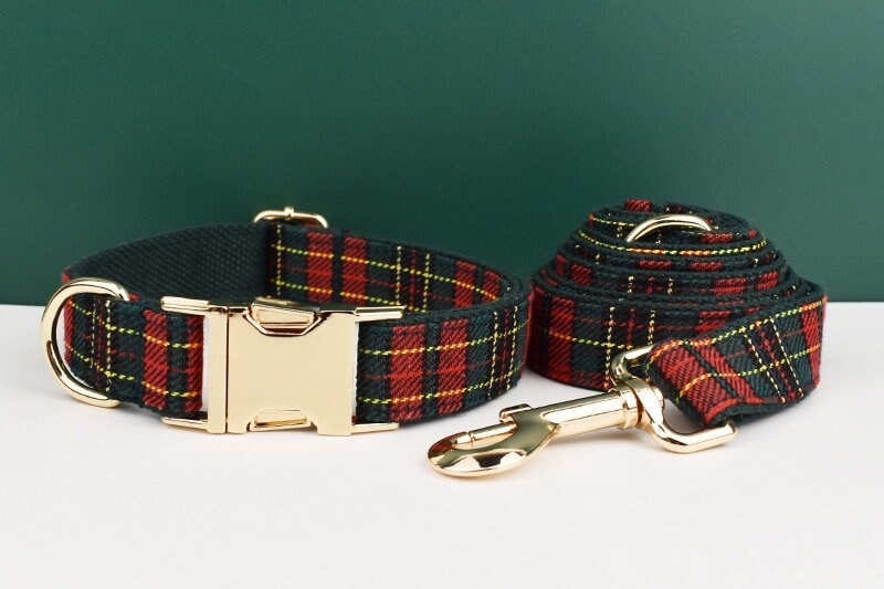 Personalised Tartan Dog Collar, Harness, Bow, Leash for Christmas New Year Green Red Outfit, Custom Laser Engraved with Name