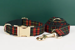 Personalized Tartan Dog Collar, Harness, Bow, Leash for Christmas New Year Green Red Outfit, Custom Laser Engraved with Name,Different Combo