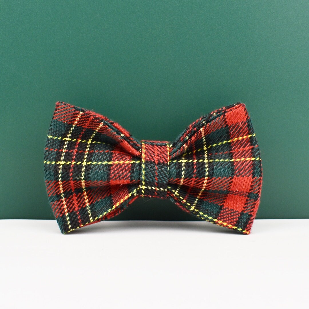 Personalised Tartan Dog Collar, Harness, Bow, Leash for Christmas New Year Green Red Outfit, Custom Laser Engraved with Name