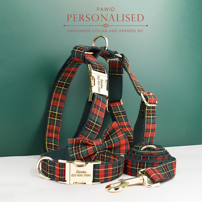 Personalised Tartan Dog Collar, Harness, Bow, Leash for Christmas New Year Green Red Outfit, Custom Laser Engraved with Name