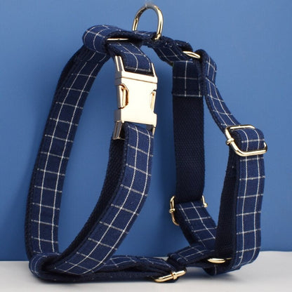 Custom Blue Navy Plaid Personalised Dog Collar, Matching Dog Bowtie, Flower, Leash, H-Style Dog Harness, Dog Poop Bag