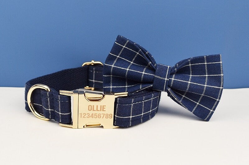 Custom Blue Navy Plaid Personalised Dog Collar, Matching Dog Bowtie, Flower, Leash, H-Style Dog Harness, Dog Poop Bag