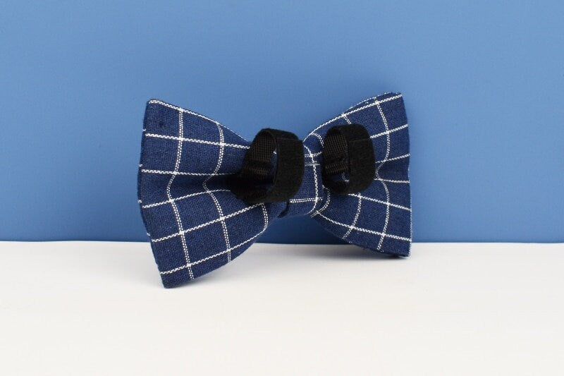 Custom Blue Navy Plaid Personalised Dog Collar, Matching Dog Bowtie, Flower, Leash, H-Style Dog Harness, Dog Poop Bag