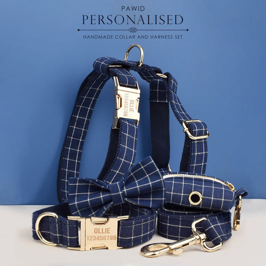 Custom Blue Navy Plaid Personalised Dog Collar, Matching Dog Bowtie, Flower, Leash, H-Style Dog Harness, Dog Poop Bag