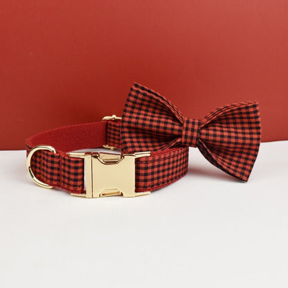 Personalised Red Plaid Dog Collar, Leash, Harness, Bowtie in Checkered Plaid Style, Different Combo, Dog Collar or Lead Set