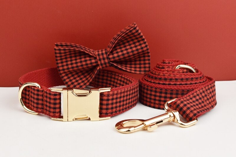 Personalised Red Plaid Dog Collar, Leash, Harness, Bowtie in Checkered Plaid Style, Different Combo, Dog Collar or Lead Set