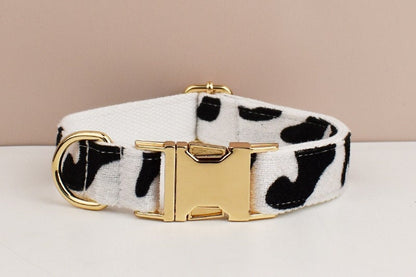 Custom White Black Cow Pattern Velvet Personalised Dog Collar, Matching Bowtie, Dog Leash, H-Style Harness & Dog Poop Bag