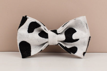 Custom White Black Cow Pattern Velvet Personalised Dog Collar, Matching Bowtie, Dog Leash, H-Style Harness & Dog Poop Bag