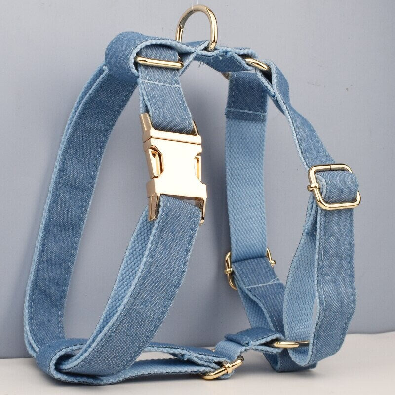 Blue Dog Collar in Jean Demin Fabric, Durable Personalised Collar, H Harness, Bow, Leash Set, for Boy Girl Small Big Dog