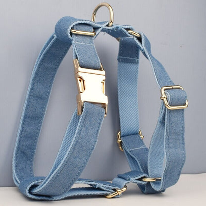 Blue Dog Collar in Jean Demin Fabric, Durable Personalised Collar, H Harness, Bow, Leash Set, for Boy Girl Small Big Dog