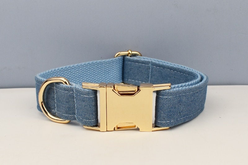 Blue Dog Collar in Jean Demin Fabric, Durable Personalised Collar, H Harness, Bow, Leash Set, for Boy Girl Small Big Dog