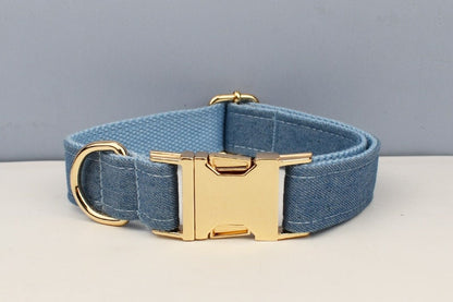 Blue Dog Collar in Jean Demin Fabric, Durable Personalised Collar, H Harness, Bow, Leash Set, for Boy Girl Small Big Dog