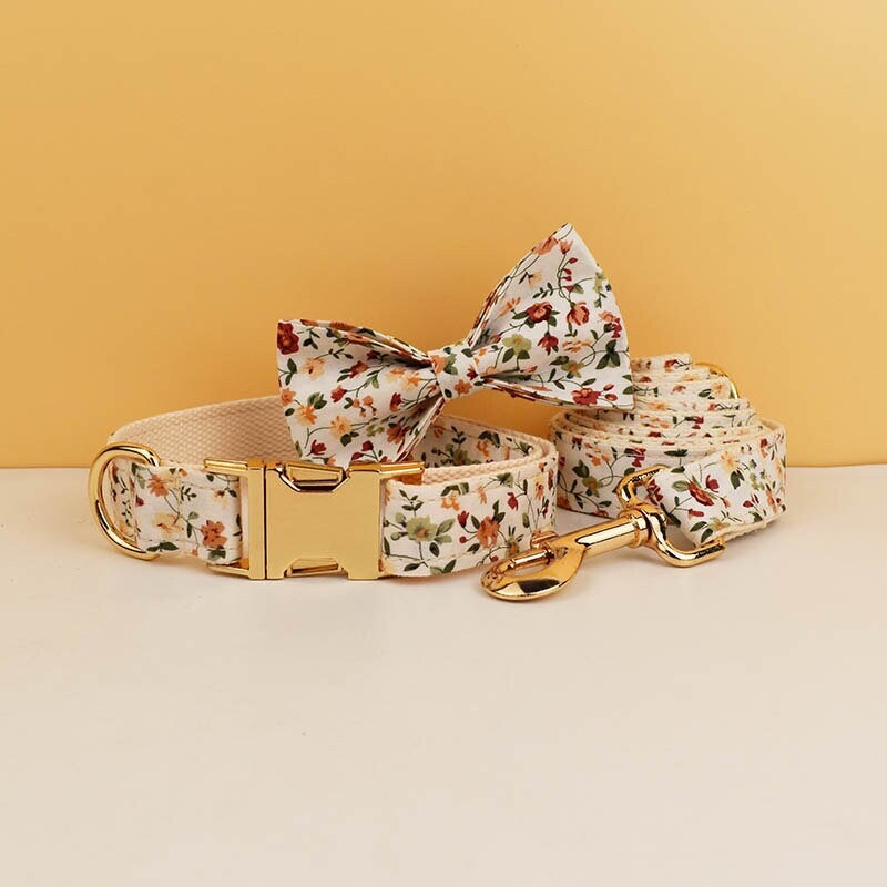 Floral White Dog Collar Personalised with Name, Custom Cute Harness, Flower, Bow, Lead - for Wedding, Birthday Small, Medium, to XXL Dogs