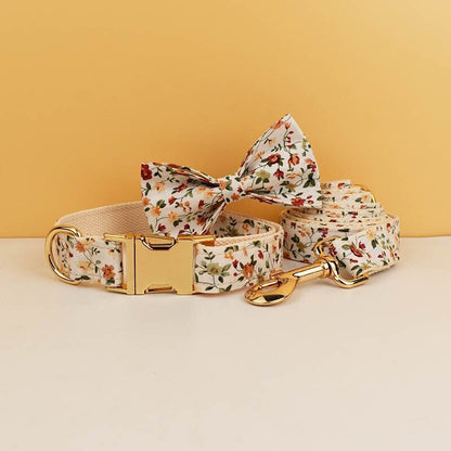 Floral White Dog Collar Personalised with Name, Custom Cute Harness, Flower, Bow, Lead - for Wedding, Birthday Small, Medium, to XXL Dogs