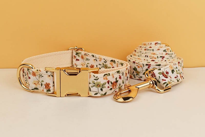 Floral White Dog Collar Personalised with Name, Custom Cute Harness, Flower, Bow, Lead - for Wedding, Birthday Small, Medium, to XXL Dogs
