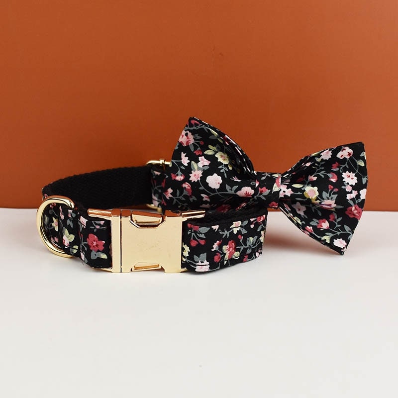 Floral Dog Collar Girl Female Dog in Black Flower Fabric Personalised with Name, Cute Dog Accessories Bow, Leash, H-Style Dog Harness