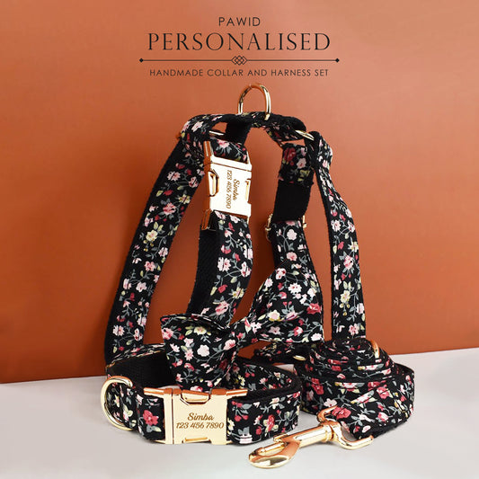 Floral Dog Collar Girl Female Dog in Black Flower Fabric Personalised with Name, Cute Dog Accessories Bow, Leash, H-Style Dog Harness
