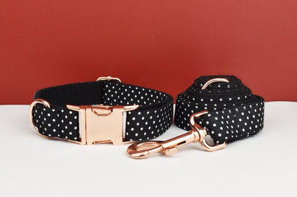 Black White Polka Dot Dog Harness, Custom Dog Collar with Name, Bowtie, Leash for Female Puppy, Small to Large Dogs, Pet Gift.