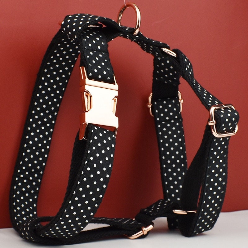 Black White Polka Dot Dog Harness, Custom Dog Collar with Name, Bowtie, Leash for Female Puppy, Small to Large Dogs, Pet Gift.
