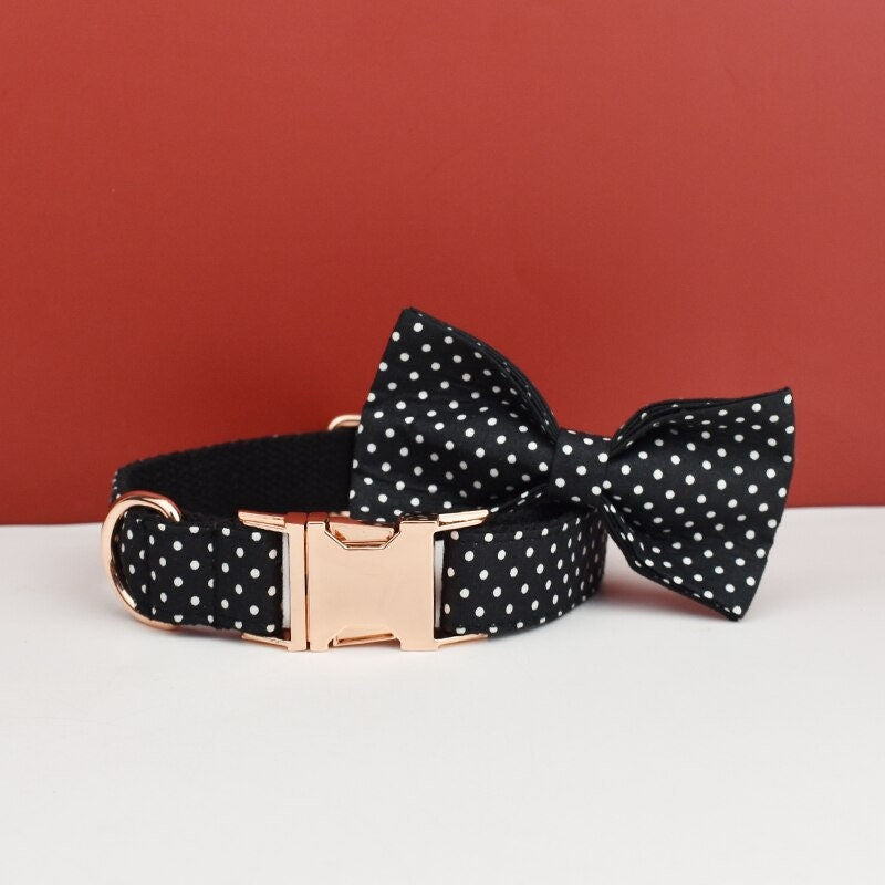 Black White Polka Dot Dog Harness, Custom Dog Collar with Name, Bowtie, Leash for Female Puppy, Small to Large Dogs, Pet Gift.