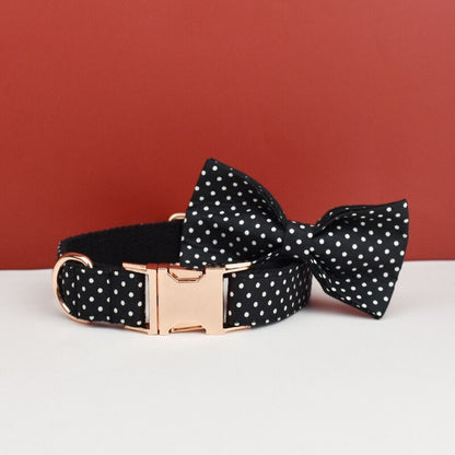 Black White Polka Dot Dog Harness, Custom Dog Collar with Name, Bowtie, Leash for Female Puppy, Small to Large Dogs, Pet Gift.