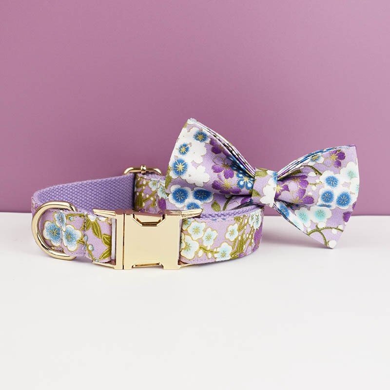 Custom Dog Harness in Purple Japanese Floral, Personalised Dog Collar with Name, Bowtie, Leash, H-Style Harness for Female Dog