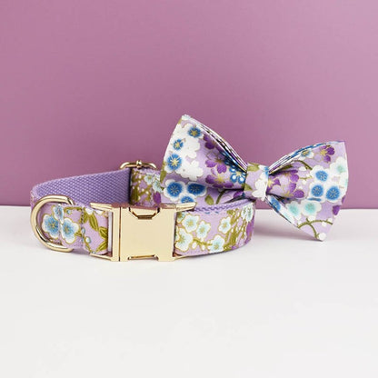 Custom Dog Harness in Purple Japanese Floral, Personalised Dog Collar with Name, Bowtie, Leash, H-Style Harness for Female Dog