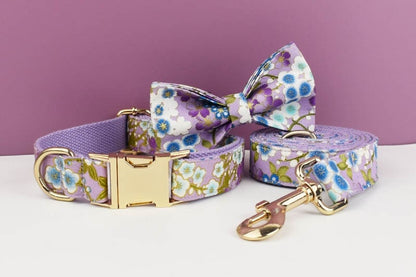 Custom Dog Harness in Purple Japanese Floral, Personalised Dog Collar with Name, Bowtie, Leash, H-Style Harness for Female Dog