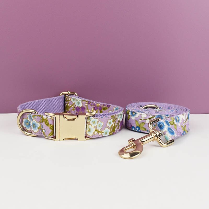 Custom Dog Harness in Purple Japanese Floral, Personalised Dog Collar with Name, Bowtie, Leash, H-Style Harness for Female Dog