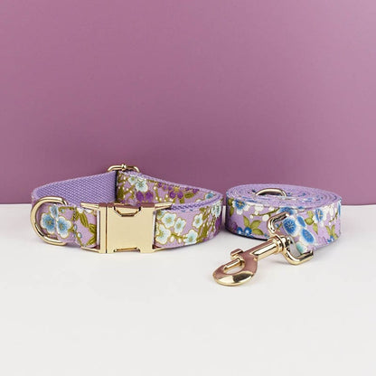 Custom Dog Harness in Purple Japanese Floral, Personalised Dog Collar with Name, Bowtie, Leash, H-Style Harness for Female Dog