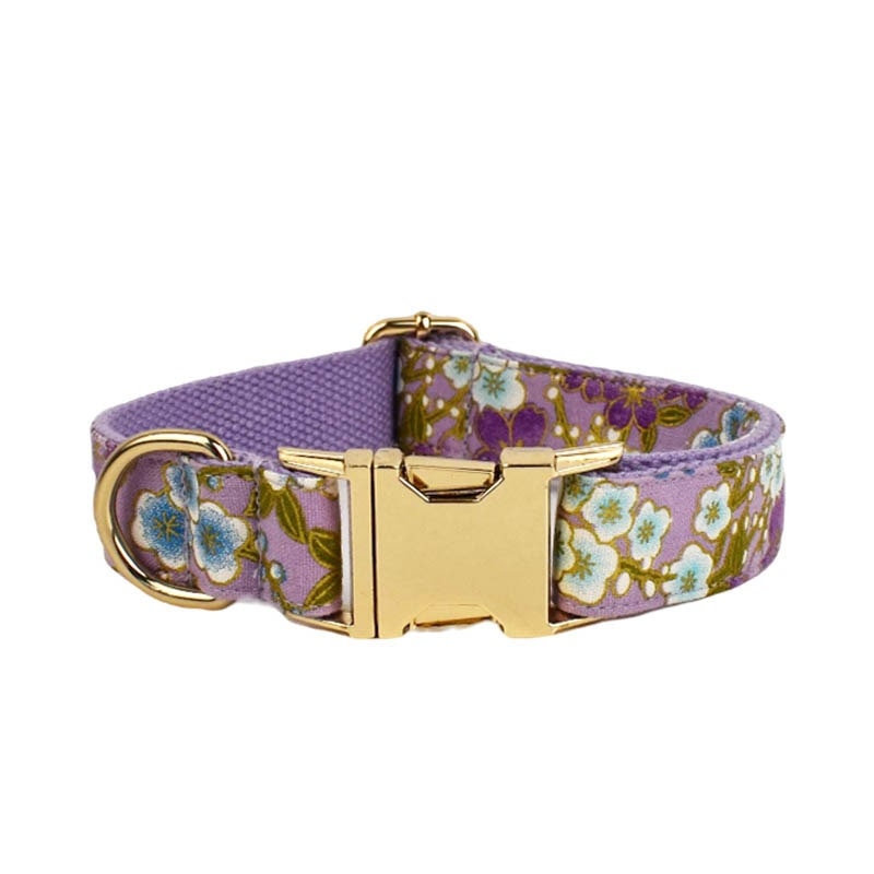 Custom Dog Harness in Purple Japanese Floral, Personalised Dog Collar with Name, Bowtie, Leash, H-Style Harness for Female Dog