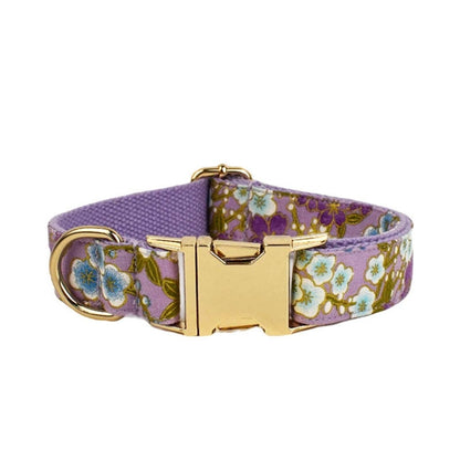Custom Dog Harness in Purple Japanese Floral, Personalised Dog Collar with Name, Bowtie, Leash, H-Style Harness for Female Dog