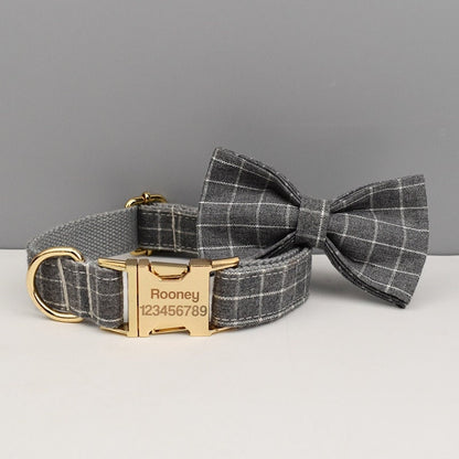 Personalised Gray Plaid Dog Collar or Checker Pattern, Custom Buckle with Name, for Formal, Wedding, H Harness, Bow, Leash