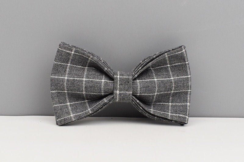 Personalised Gray Plaid Dog Collar or Checker Pattern, Custom Buckle with Name, for Formal, Wedding, H Harness, Bow, Leash