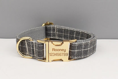 Personalised Gray Plaid Dog Collar or Checker Pattern, Custom Buckle with Name, for Formal, Wedding, H Harness, Bow, Leash