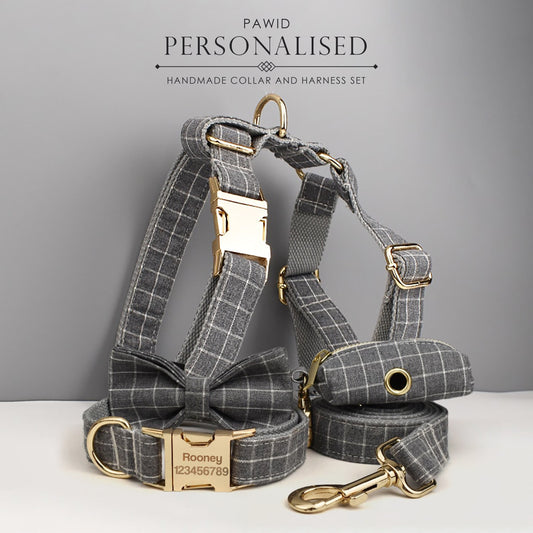 Personalised Gray Plaid Dog Collar or Checker Pattern, Custom Buckle with Name, for Formal, Wedding, H Harness, Bow, Leash