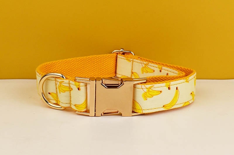 Custom Yellow Banana Dog Harness Set - Personalised Dog Collar, Bowtie, Leash, H Harness for Small, Medium, and Large Dogs - Various Combo