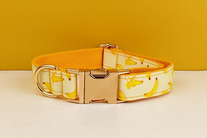 Custom Yellow Banana Dog Harness Set - Personalised Dog Collar, Bowtie, Leash, H Harness for Small, Medium, and Large Dogs - Various Combo