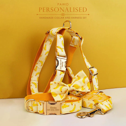 Custom Yellow Banana Dog Harness Set - Personalised Dog Collar, Bowtie, Leash, H Harness for Small, Medium, and Large Dogs - Various Combo