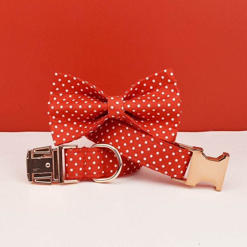 Custom Red Polka Dot Personalised Dog Collar, Matching Dog Bowtie, Dog Leash, H-Style Dog Harness