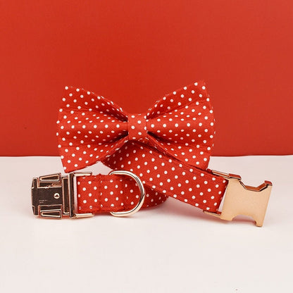 Custom Red Polka Dot Personalised Dog Collar, Matching Dog Bowtie, Dog Leash, H-Style Dog Harness