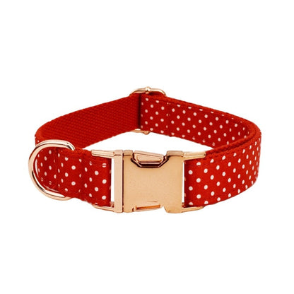 Custom Red Polka Dot Personalised Dog Collar, Matching Dog Bowtie, Dog Leash, H-Style Dog Harness